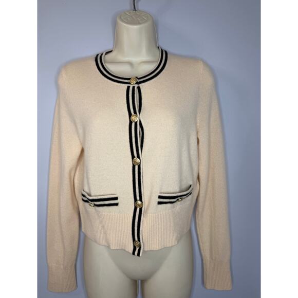 J. Crew Cashmere Sweater Lady Jacket Cardigan with Contrast Trim Sz M Cream - Picture 16 of 16